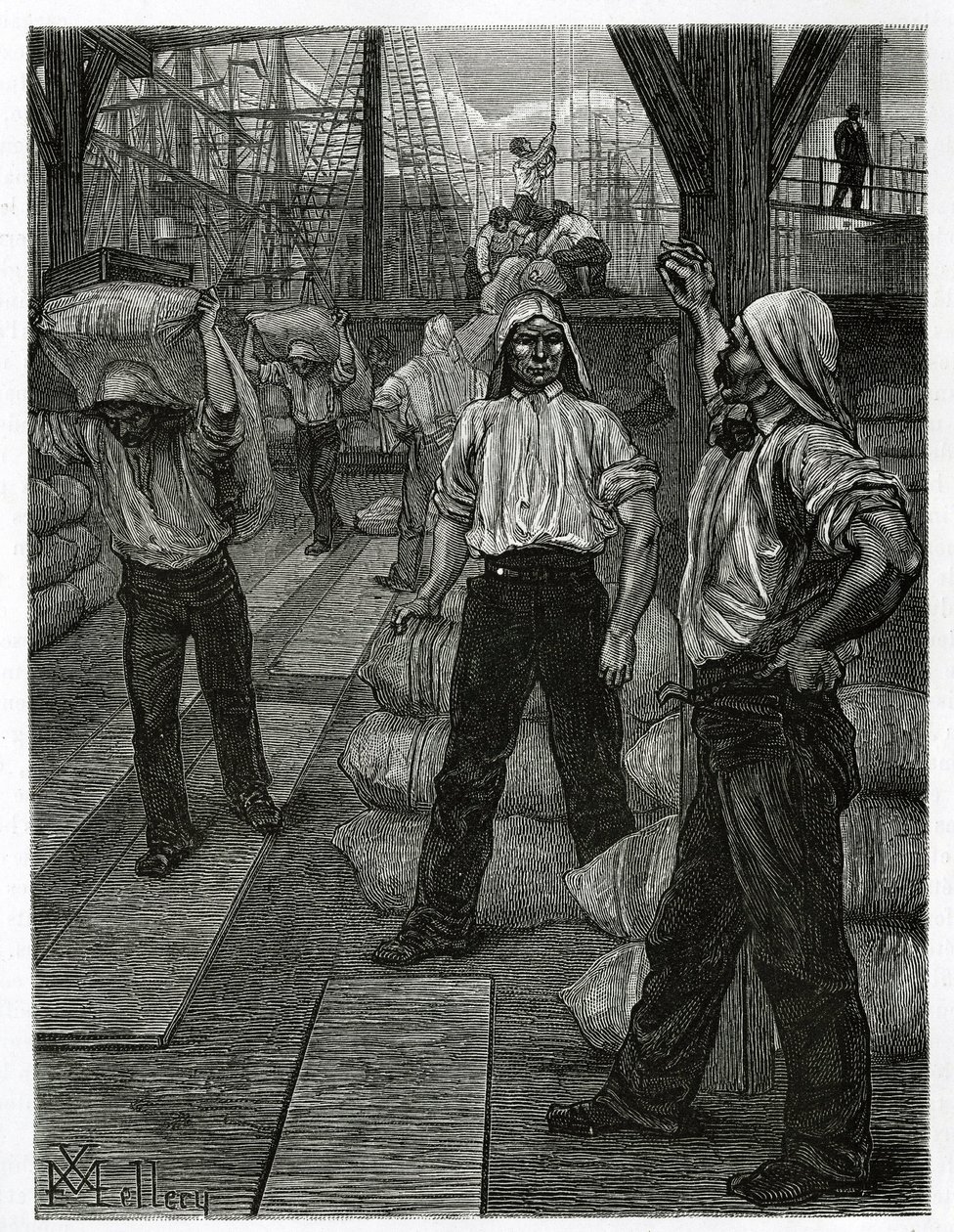 Het lossen van een schip, de dokwerkers met hun hoofden bedekt met een teerhoed, stapelen de goederen op de kades van de haven van Antwerpen. Gravure door X. Mellery, ter illustratie van het verhaal van België, door Camille Lemonnier, gepubliceerd in de To door Xavier Mellery