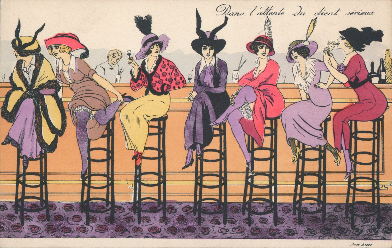 Wachten op een serieuze klant (kleurenlitho) door Xavier Sager