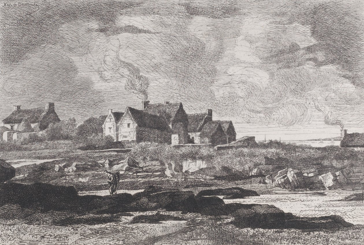 Landschap op het platteland met een rivier rechts en huizen op de achtergrond door Xavier de Dananche