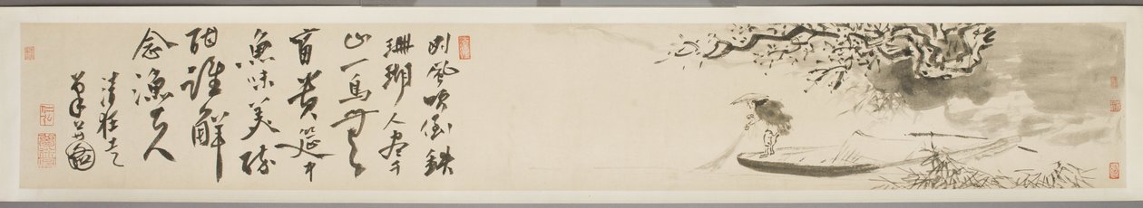 Landschap met visser en gedicht door Xu Guo