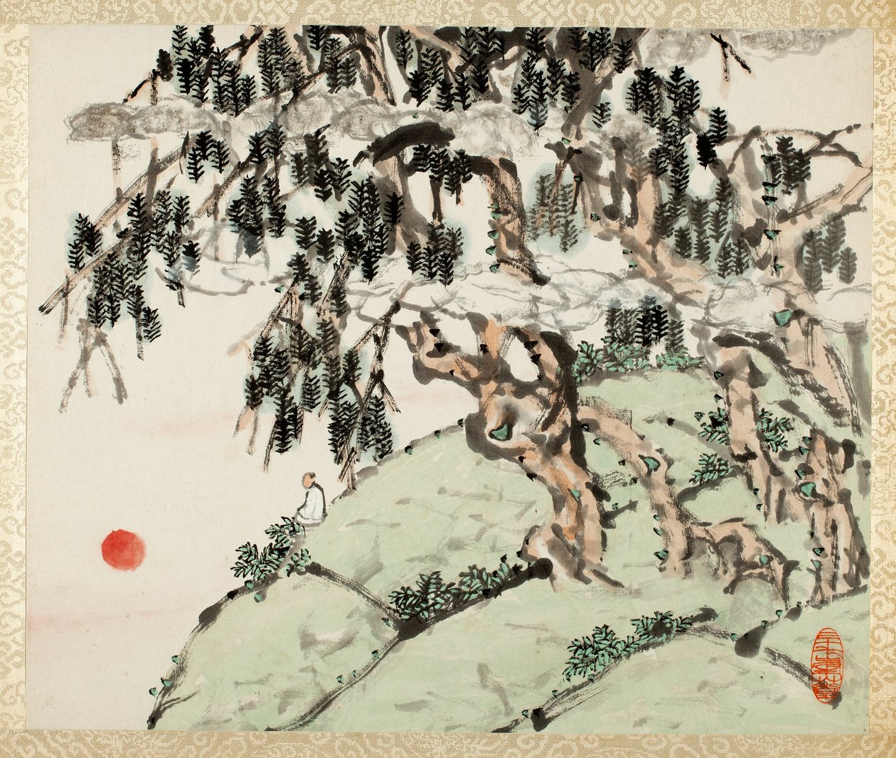 Landschap en figuur, uit een album van landschappen en kalligrafie voor Liu Songfu door Xugu