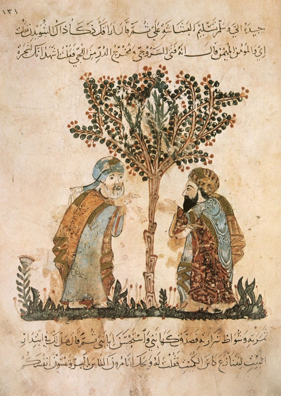 Ms Ar 5847 f.121, Abou Zayd spreekt met Al-Harith, uit Al Maqamat door Al Hariri, ca. 1240 door Yahya ibn Mahmud Al Wasiti