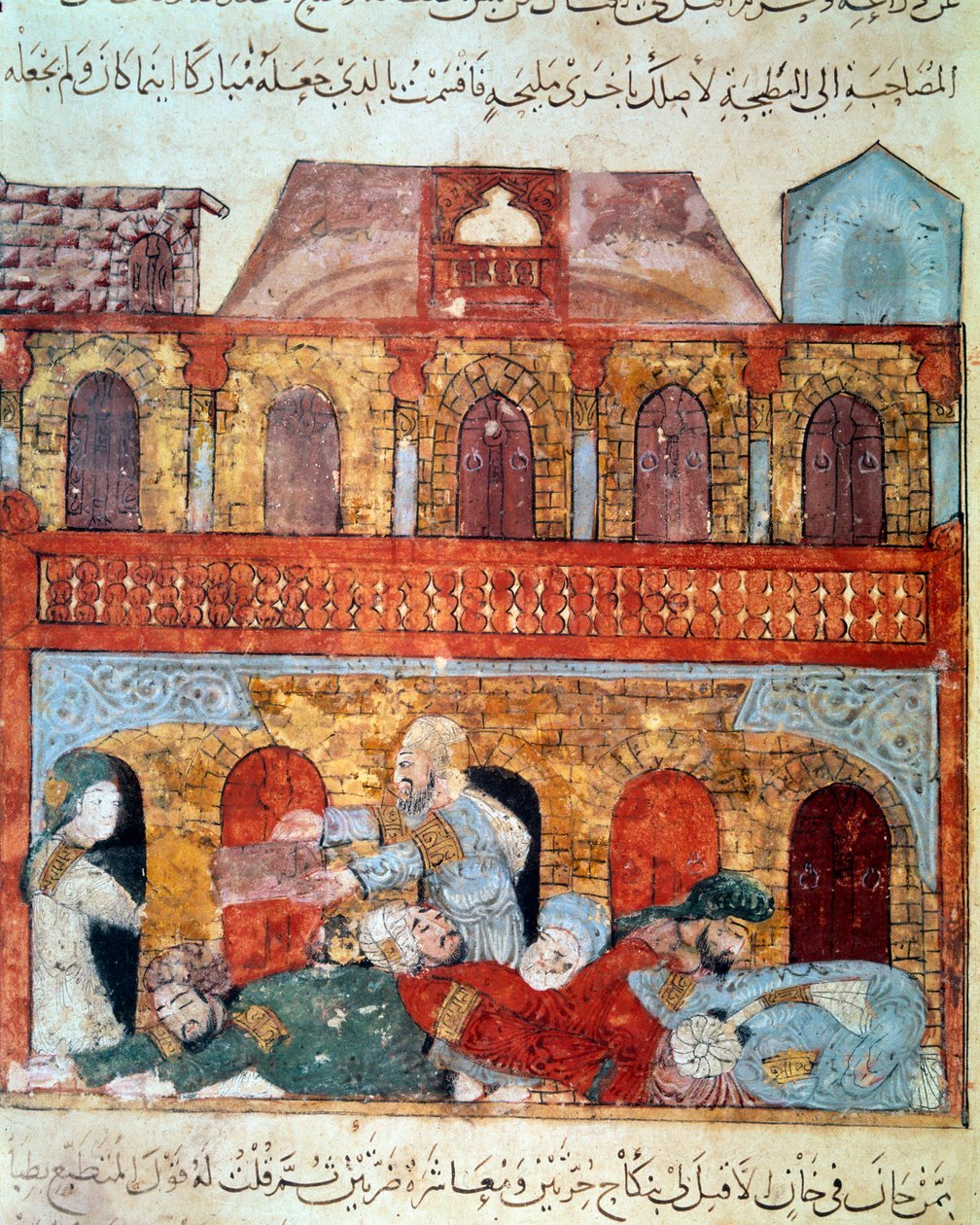 De zwervende navigator Abu-Zayd en de slapende kooplieden. Miniatuur uit de 
