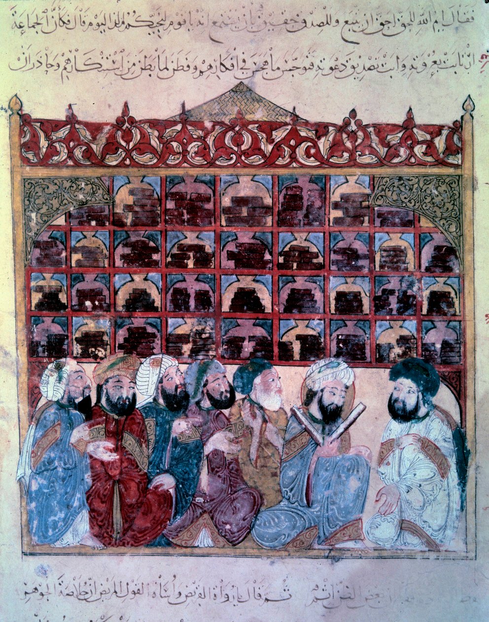 De zwervende navigator Abu-Zayd houdt een toespraak in de bibliotheek van Basra. Miniatuur uit de 