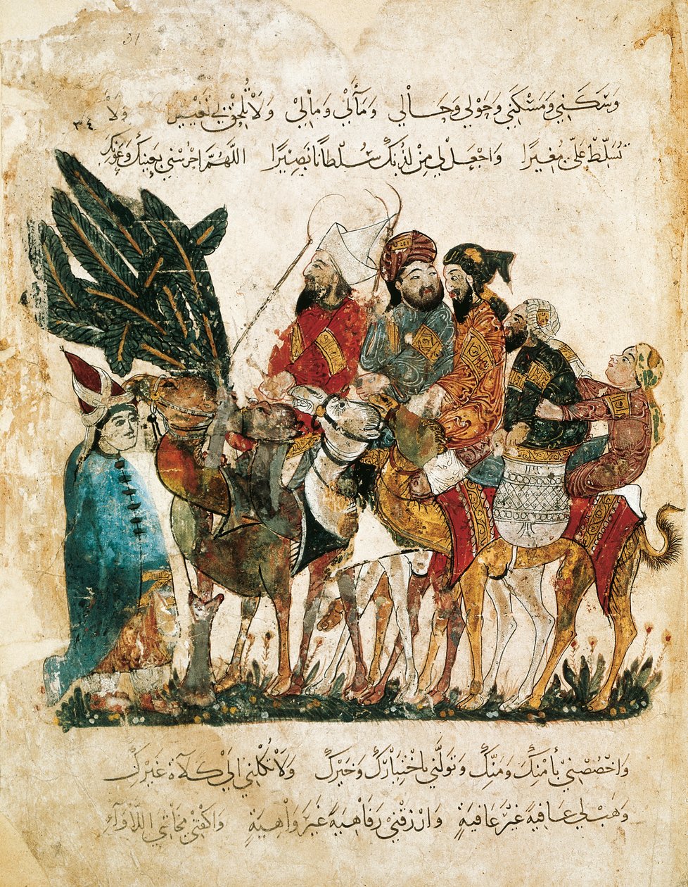 Karavaan van Arabische handelaren, miniatuur uit de Maqamat (De Bijeenkomsten) door Al-Hariri door Yahya ibn Mahmud Al Wasiti