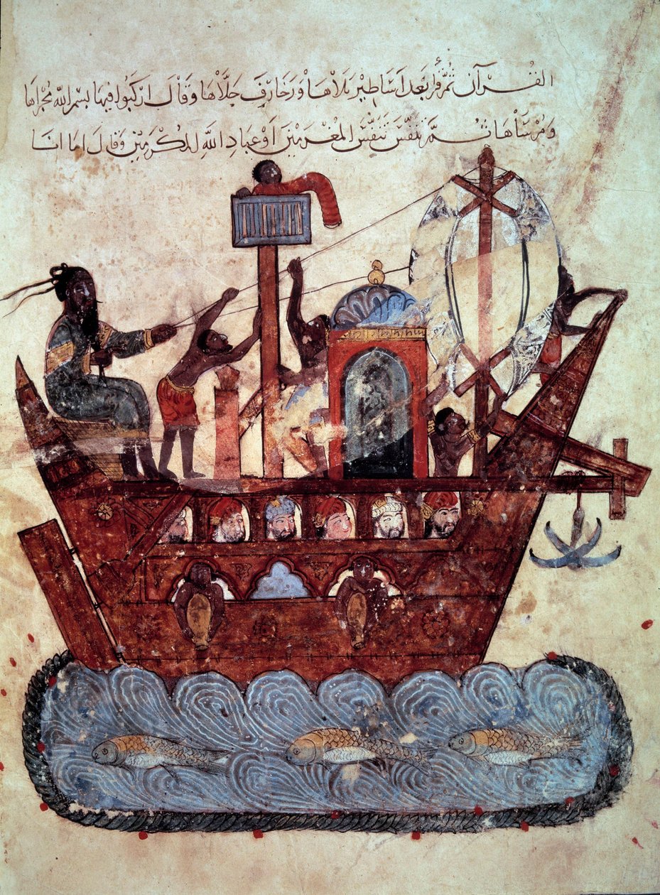 de burger al-Harith (Al Harith), zoon van Hammam, en de zwervende navigator Abu-Zayd (Abu Zayd) op een miniatuurboot uit de 
