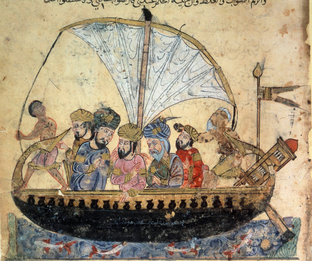 de bourgeois al-Harith (Al Harith), zoon van Hammam, en de zwervende navigator Abu-Zayd (Abu Zayd) op een boot die op de Eufraat vaart Miniatuur uit de "Maqamat" (Seances) van Abu Mohammed al-Kasim ibn Ali Hariri (of Al-Hariri of Al Hariri) (1054-1122) door Yahya ibn Mahmud Al Wasiti