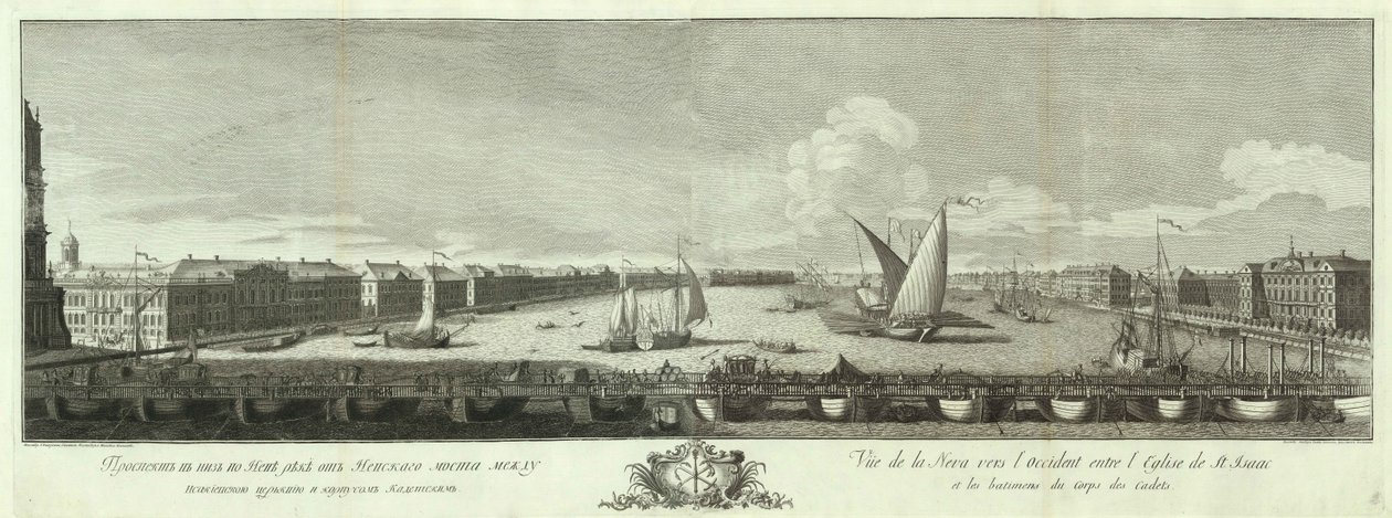Uitzicht op de Neva-rivier tussen de Isaac-kerk en het Cadettenkorps. Boek ter gelegenheid van het 50-jarig jubileum van Sint-Petersburg, 1753 door Yakov Vasilyevich Vasilyev