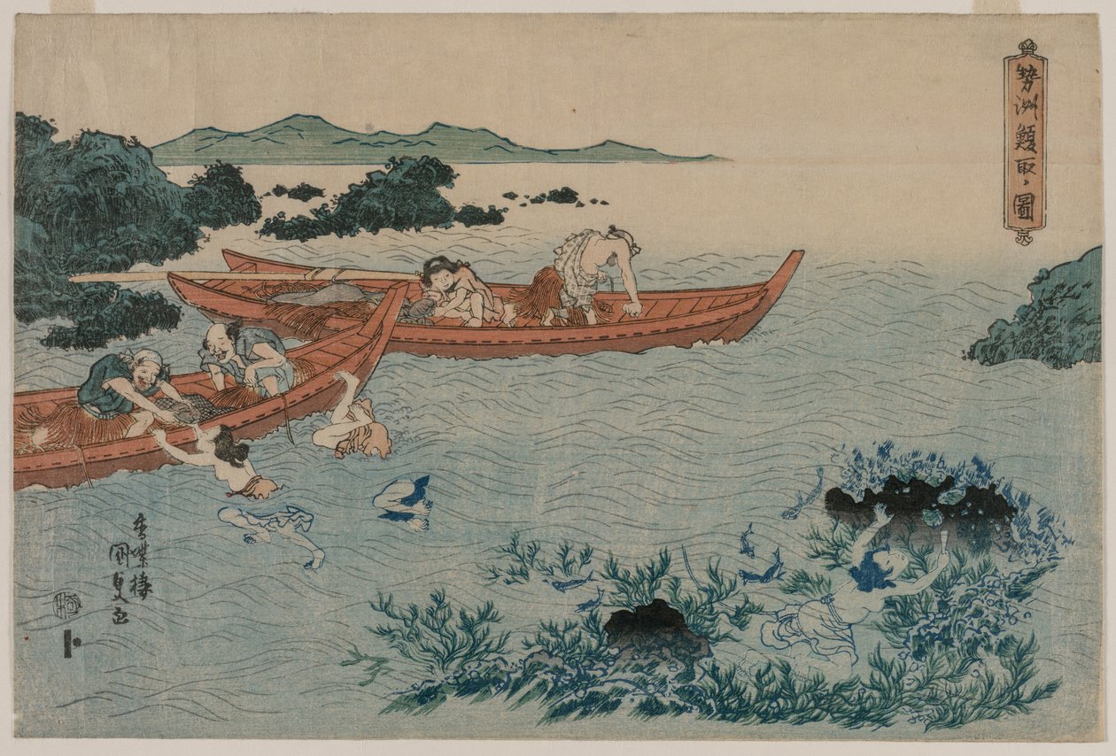Abalone Duikers voor de Kust van Ise, uit een ongetitelde landschapserie, begin 1830s door Yamaguchiya Tobei