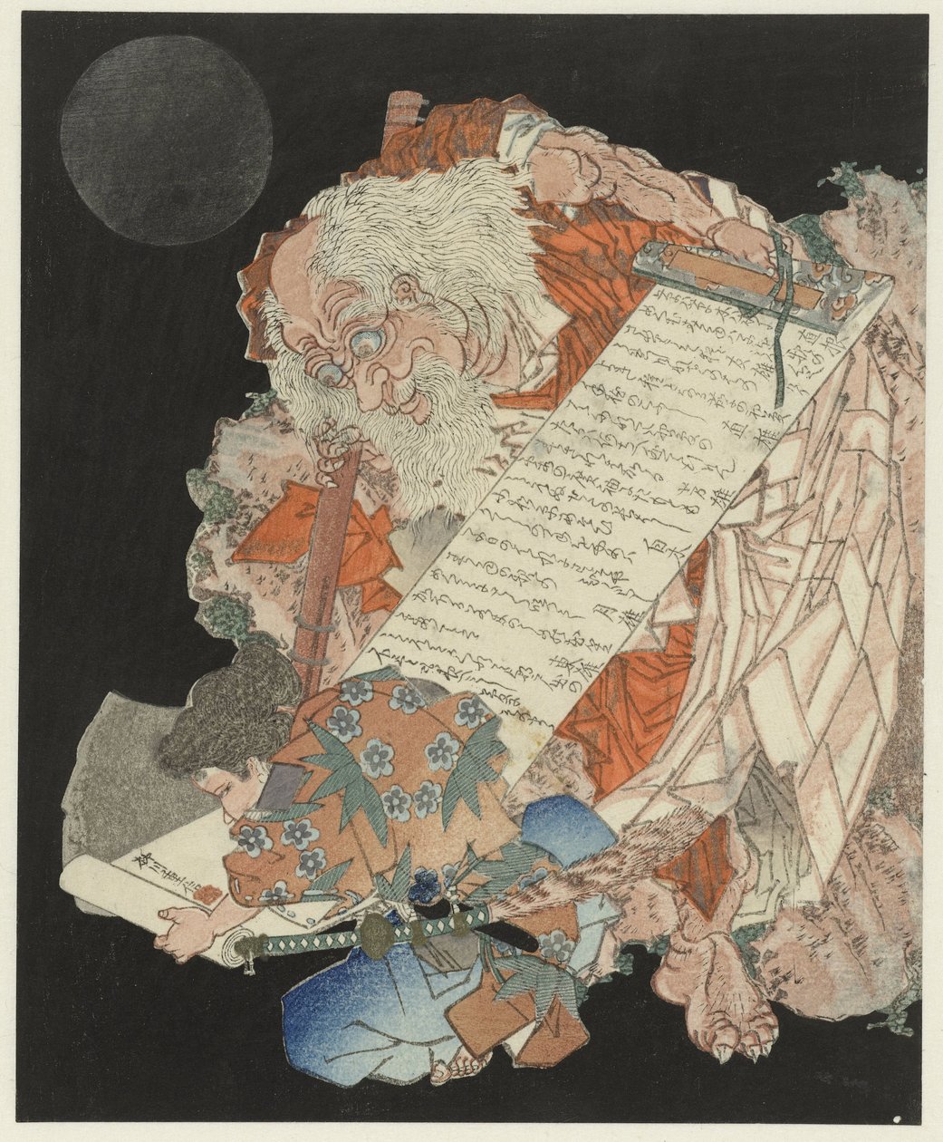 Jonge jongen leest een rol vastgehouden door een oude man door Yanagawa Shigenobu (II)