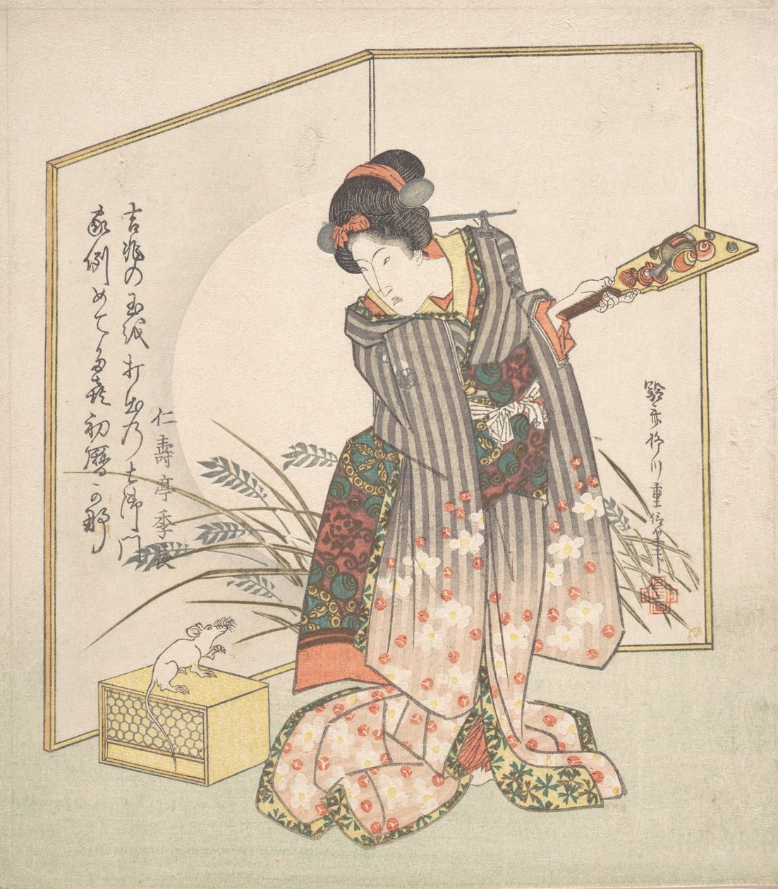 Nieuwjaarskaart voor het Jaar van de Rat, 1828 door Yanagawa Shigenobu