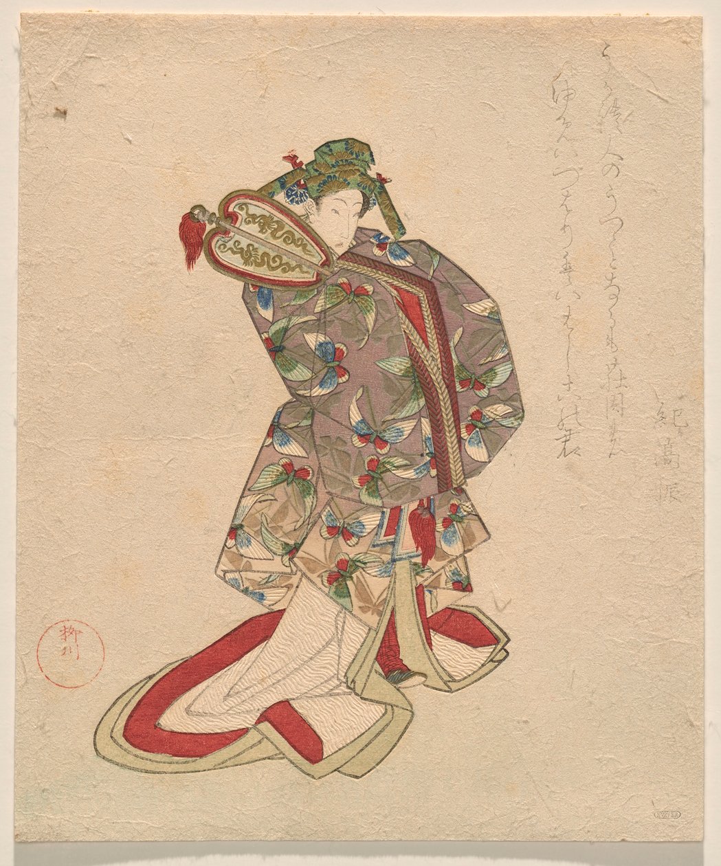 Vrouw in Chinese kostuum met vlinderpatroon door Yanagawa Shigenobu II