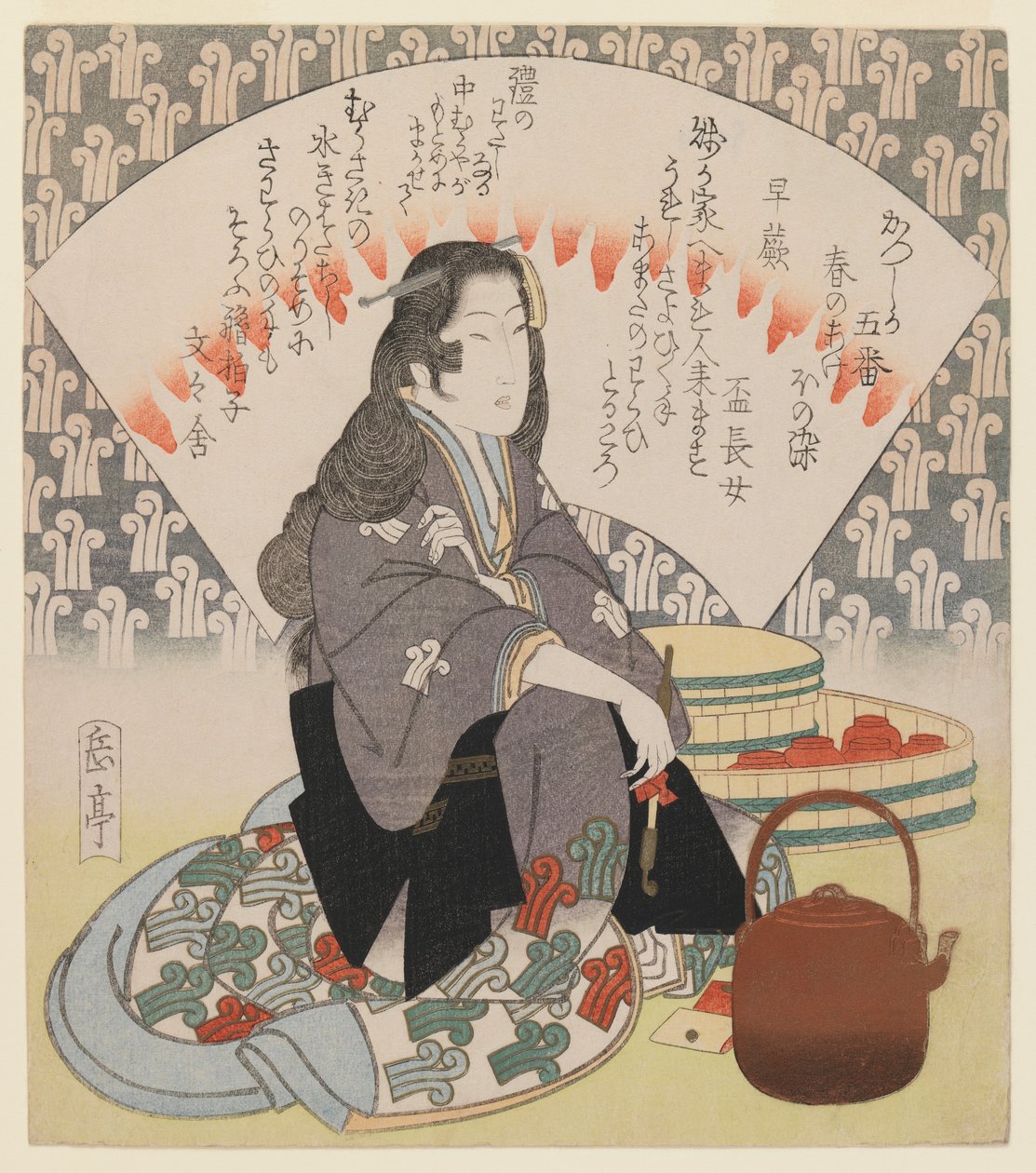 Serveerster en koperen ketel uit de serie van 5 Surimono voor de Katsushika Poëzieclub, c.1830 door Yashima Gakutei