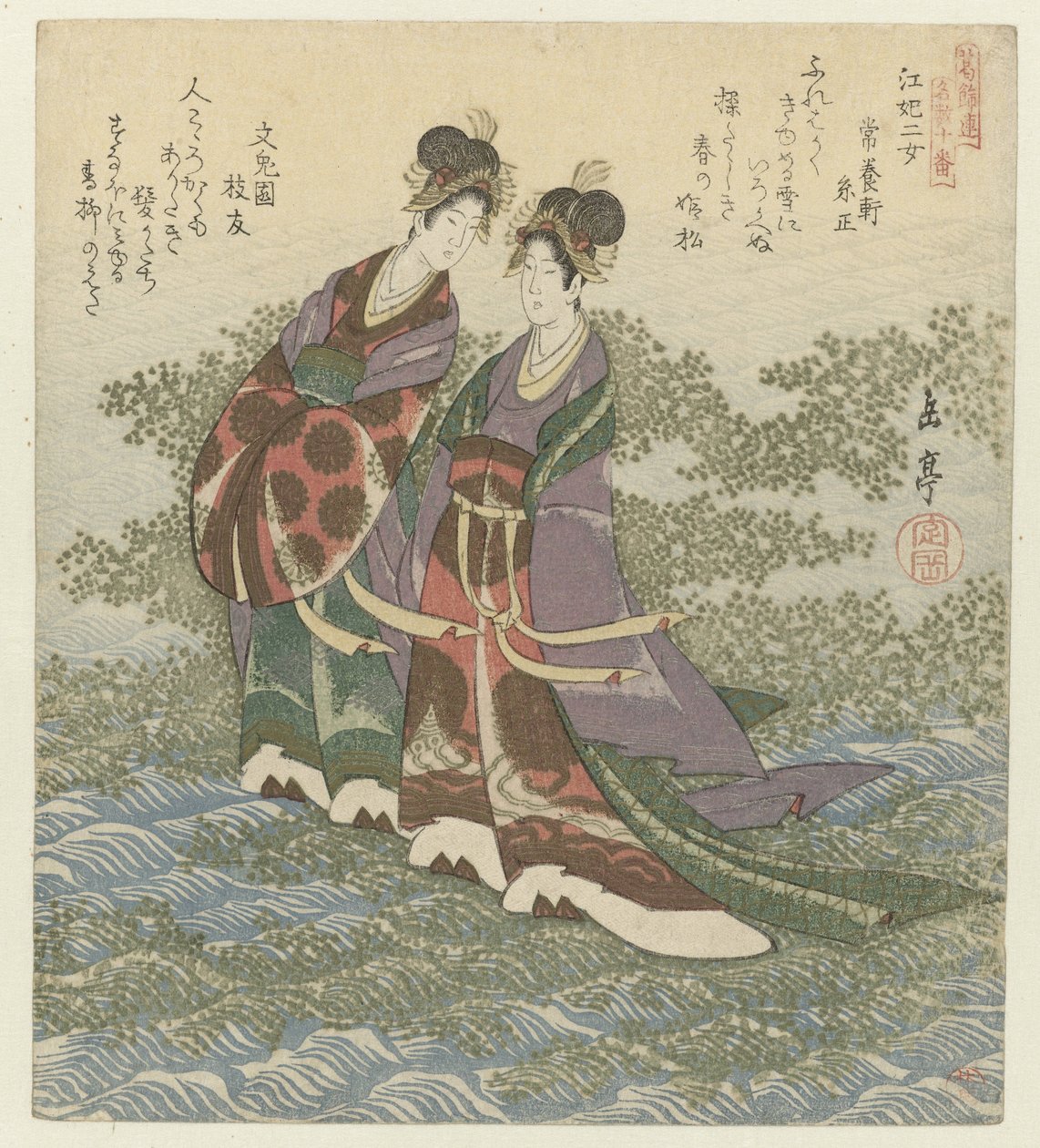 De twee rivier prinsessen (Een serie van tien prenten van beroemde nummers voor de Katsushika dichtersvereniging) door Yashima Gakutei