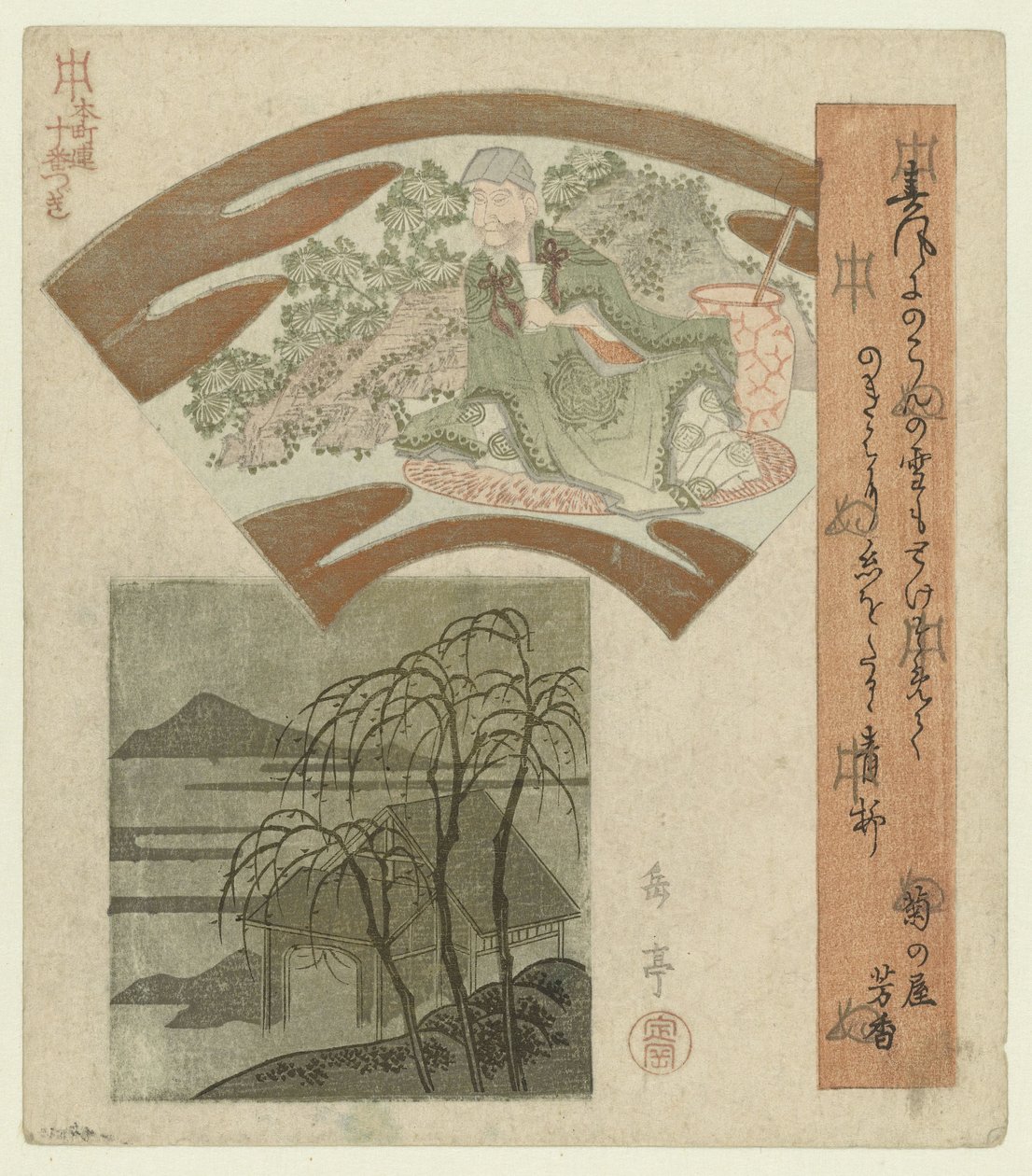 Een Chinese wijsgeer en landschap met wilgen door Yashima Gakutei