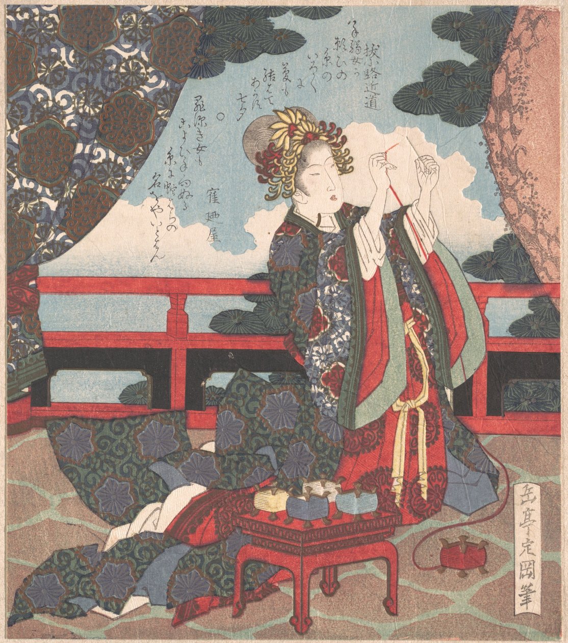 Dame die een naald inrijgt op de veranda door Yashima Gakutei