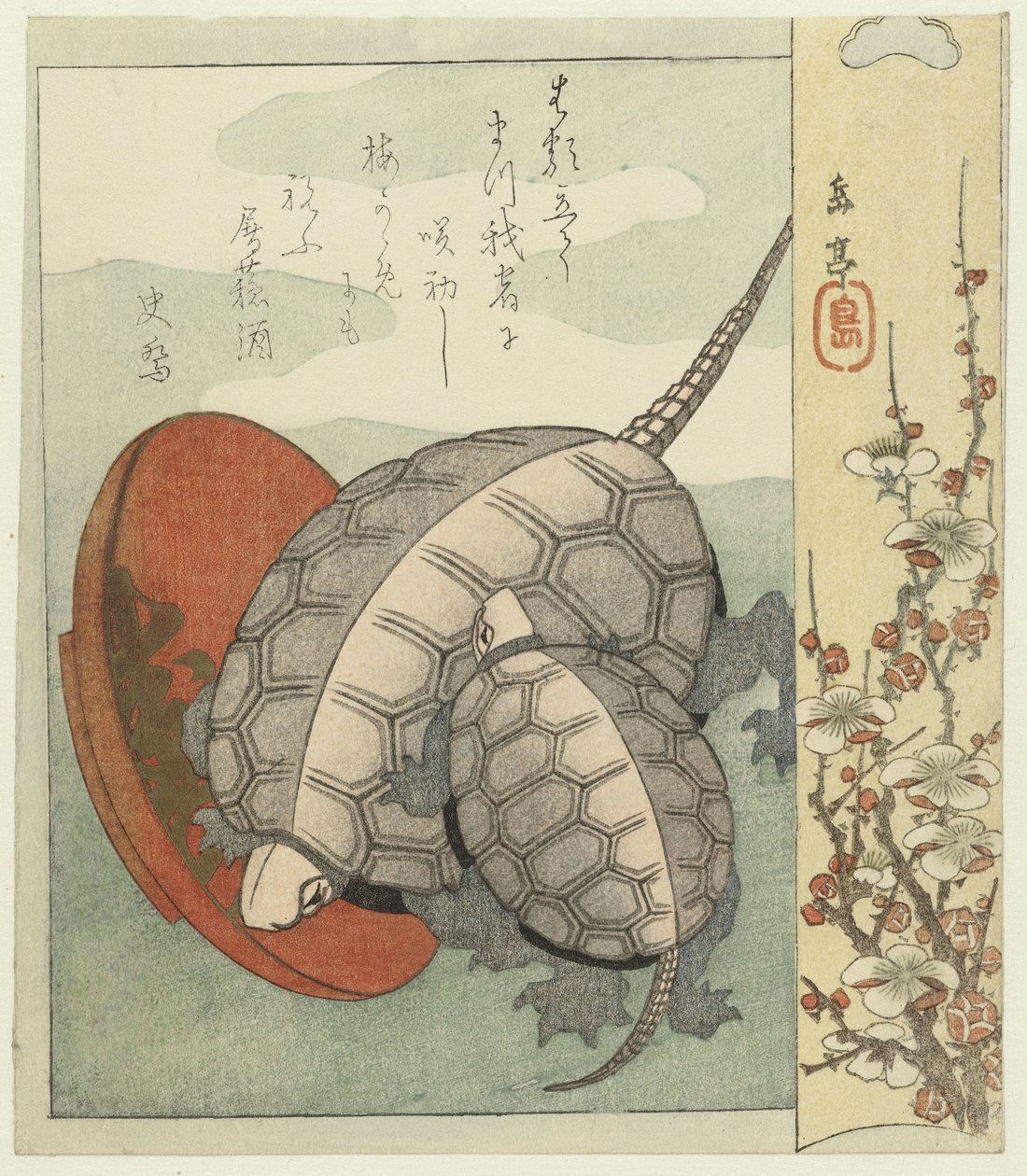 Schildpadden met sake schaaltje door Yashima Gakutei
