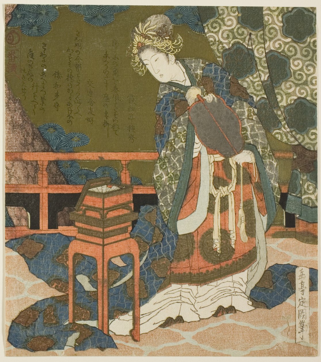 Twee Chinese vrouwen die draad en een spinnenweb in een doos onderzoeken, uit de serie "Diptiek voor de drumgroep" door Yashima Gakutei