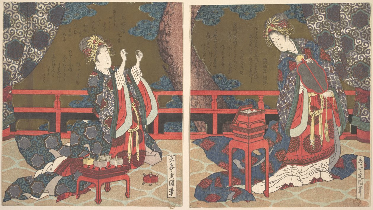 Twee dames op een veranda, de ene met een waaier, de andere een naald inrijgend door Yashima Gakutei