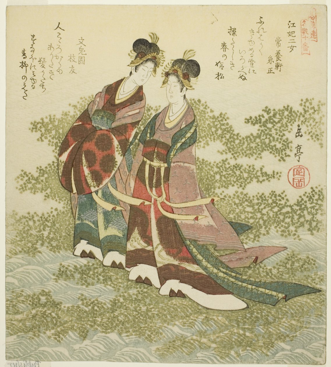 Twee prinsessen van de rivier, uit de serie "Een set van tien beroemde nummers voor de Katsushika-kring" door Yashima Gakutei