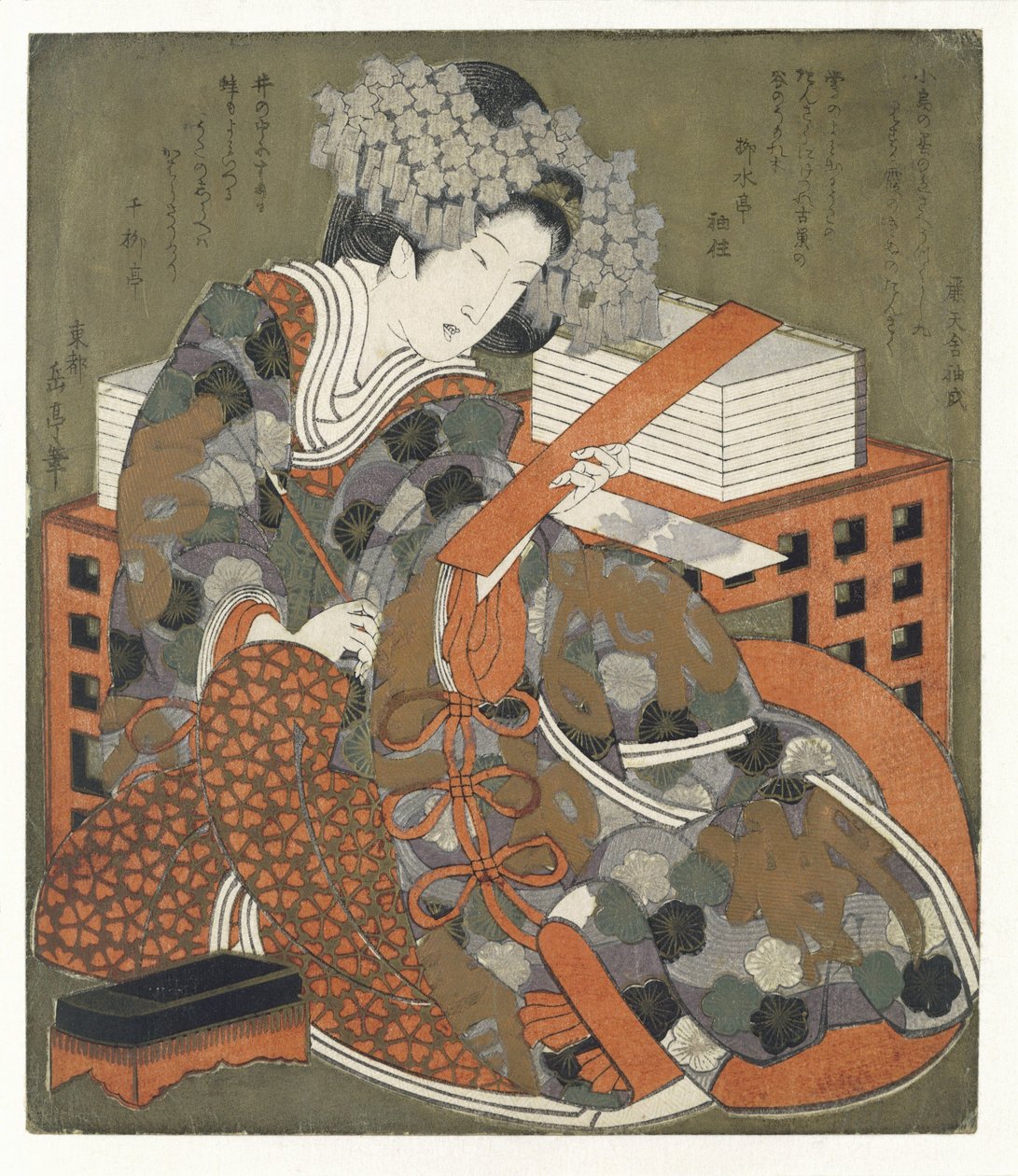 Vrouw met gedicht door Yashima Gakutei