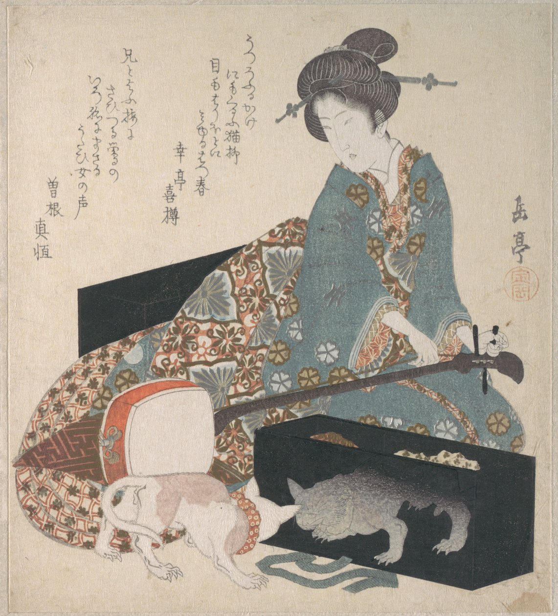 Vrouw die een shamisen stemt en een kat die naar zijn eigen spiegelbeeld kijkt door Yashima Gakutei