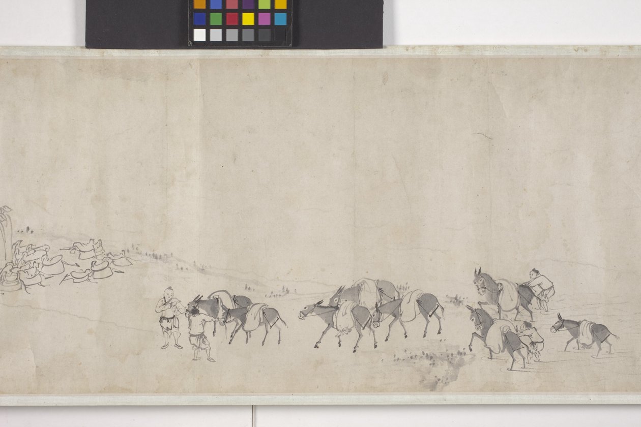Honderd ezels die graan vervoeren, handrol, ca. 1700 door Ye Yin