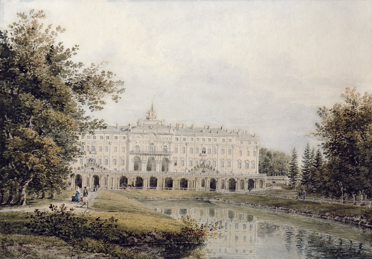 Uitzicht op het Grote Paleis van Strelna bij Sint-Petersburg, 1841 door Yegor Yegorovich Meier