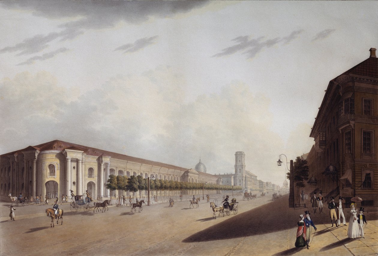 De Grote Gostiny Dvor Koopmanswerf in Sint-Petersburg, 1820s door Yermolai Ivanovich Yesakov
