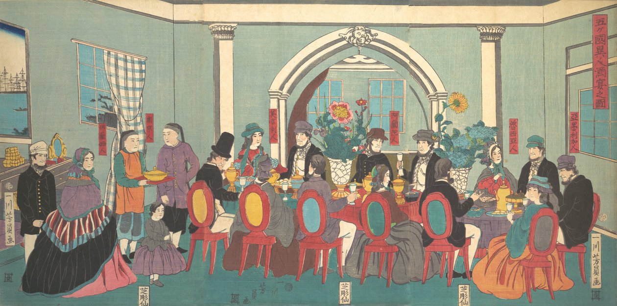 Buitenlanders van de vijf naties genieten van een banket door Yoshikazu