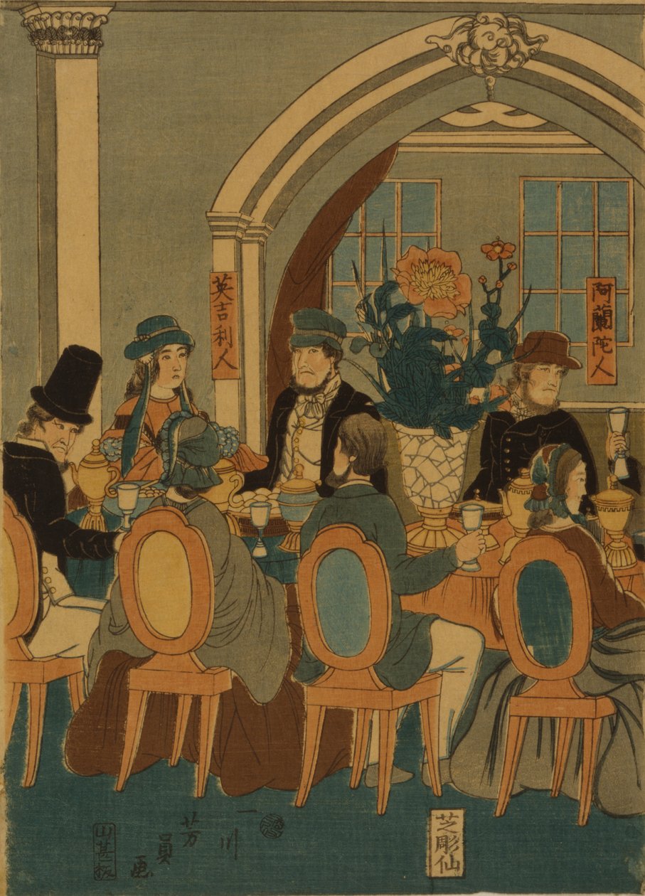 Banket van vijf naties Yokohama club, 1861 door Yoshitomi Utagawa