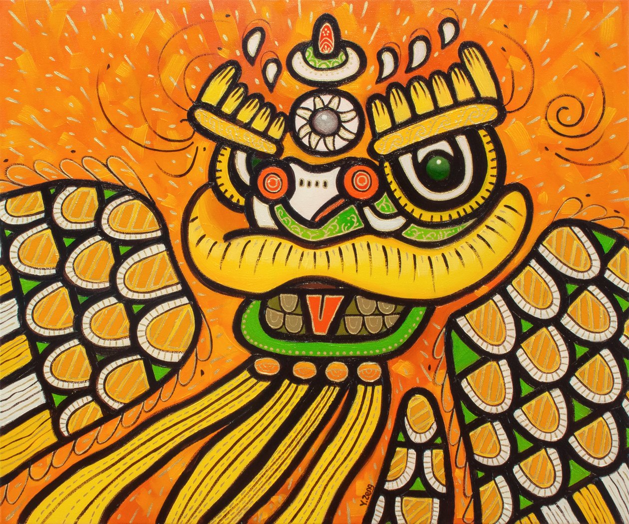 Leeuwendans geel, 2022 (olieverf op doek) door Yue Zeng