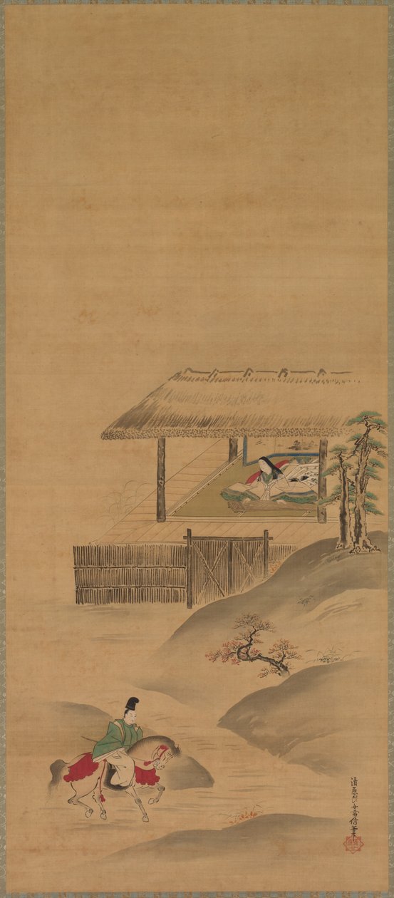 Minamoto no Nakakuni bezoekt Lady Kogo, Drieluik van hangende rollen, eind 1600s door Yukinobu Kiyohara