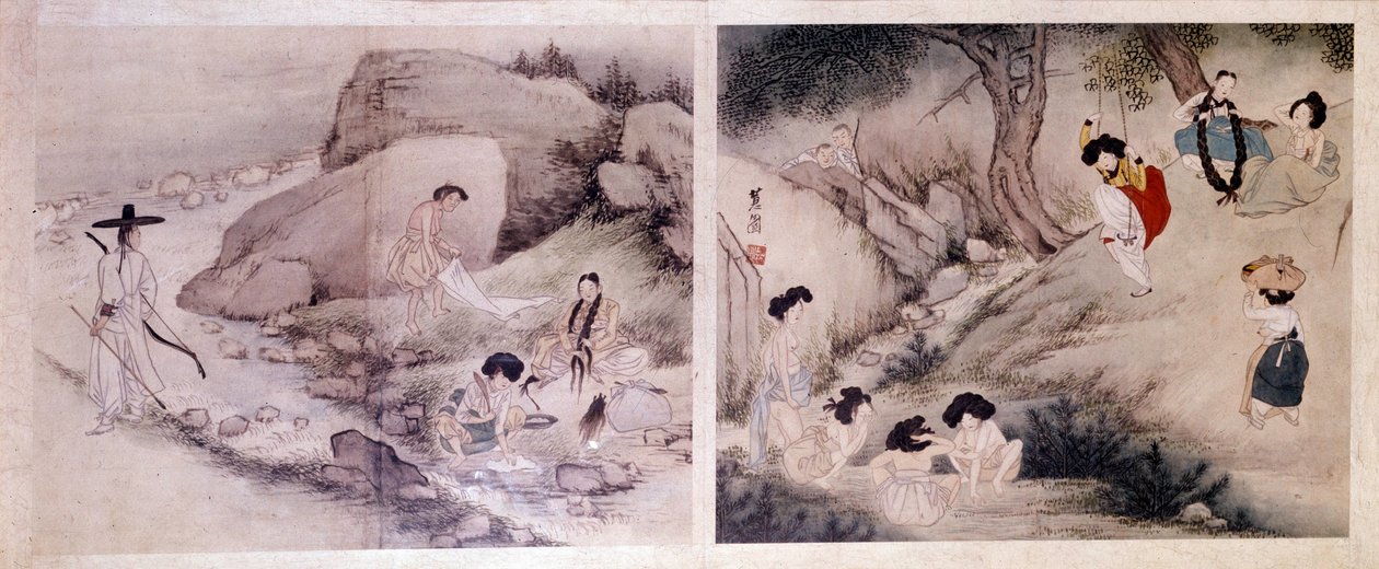 Koreaanse kunst: vrouwen die hun kleren wassen en zich aankleden, en vrouwen die hun toilet maken en zichzelf vermaken door Yun bok Sin