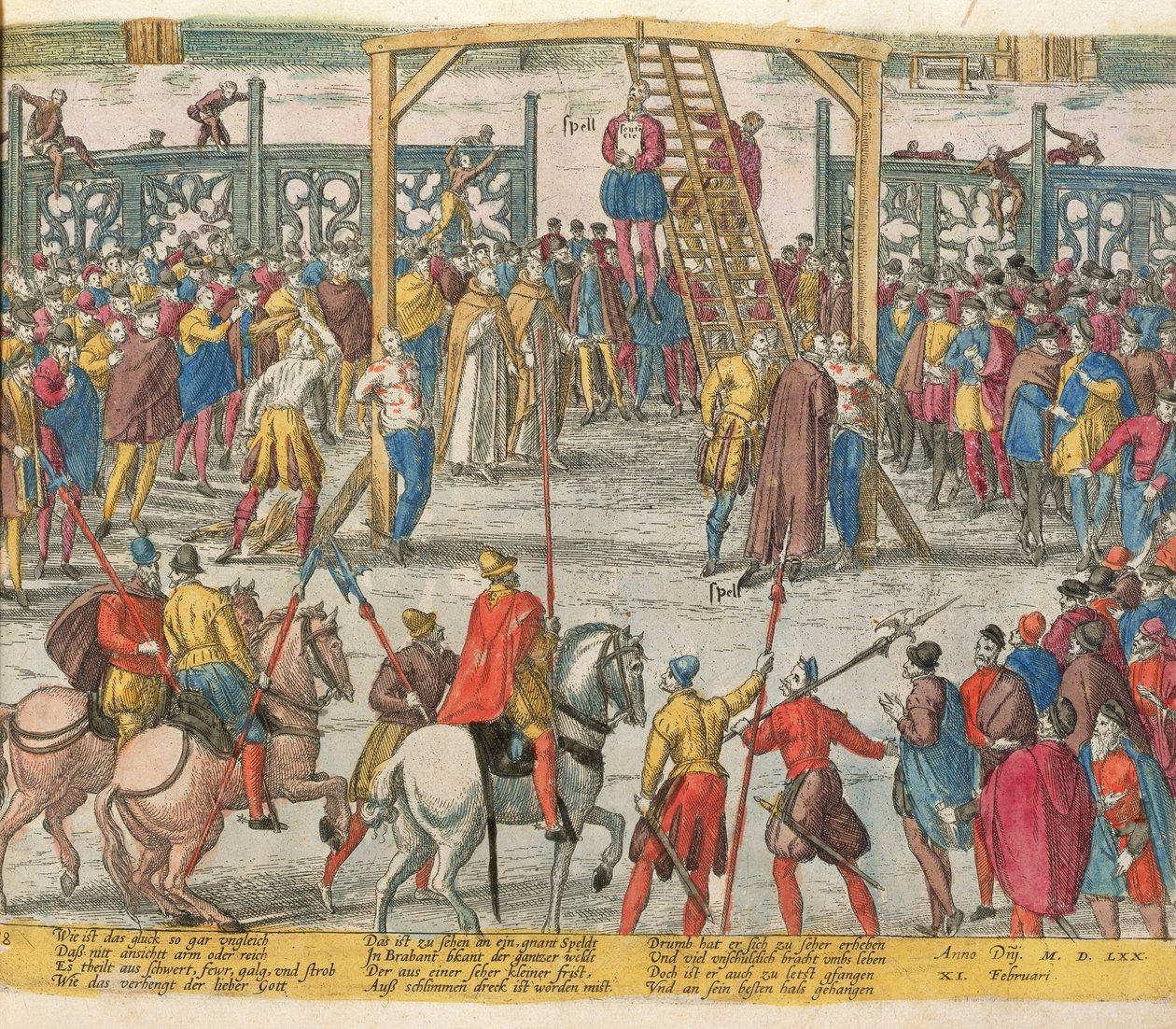 De executie van Spell van Brabant, die andere onschuldige mensen weer tot leven had gebracht door Zacharias (school of) Dolendo