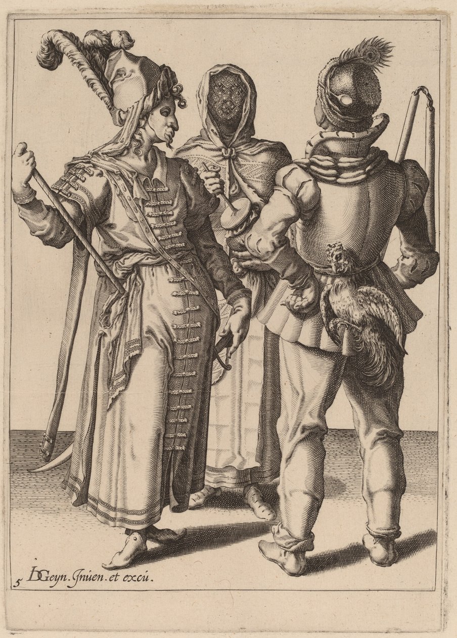 Een Grande, een Boer en een Gesluierde Vrouw door Zacharias Dolendo after Jacques de Gheyn II