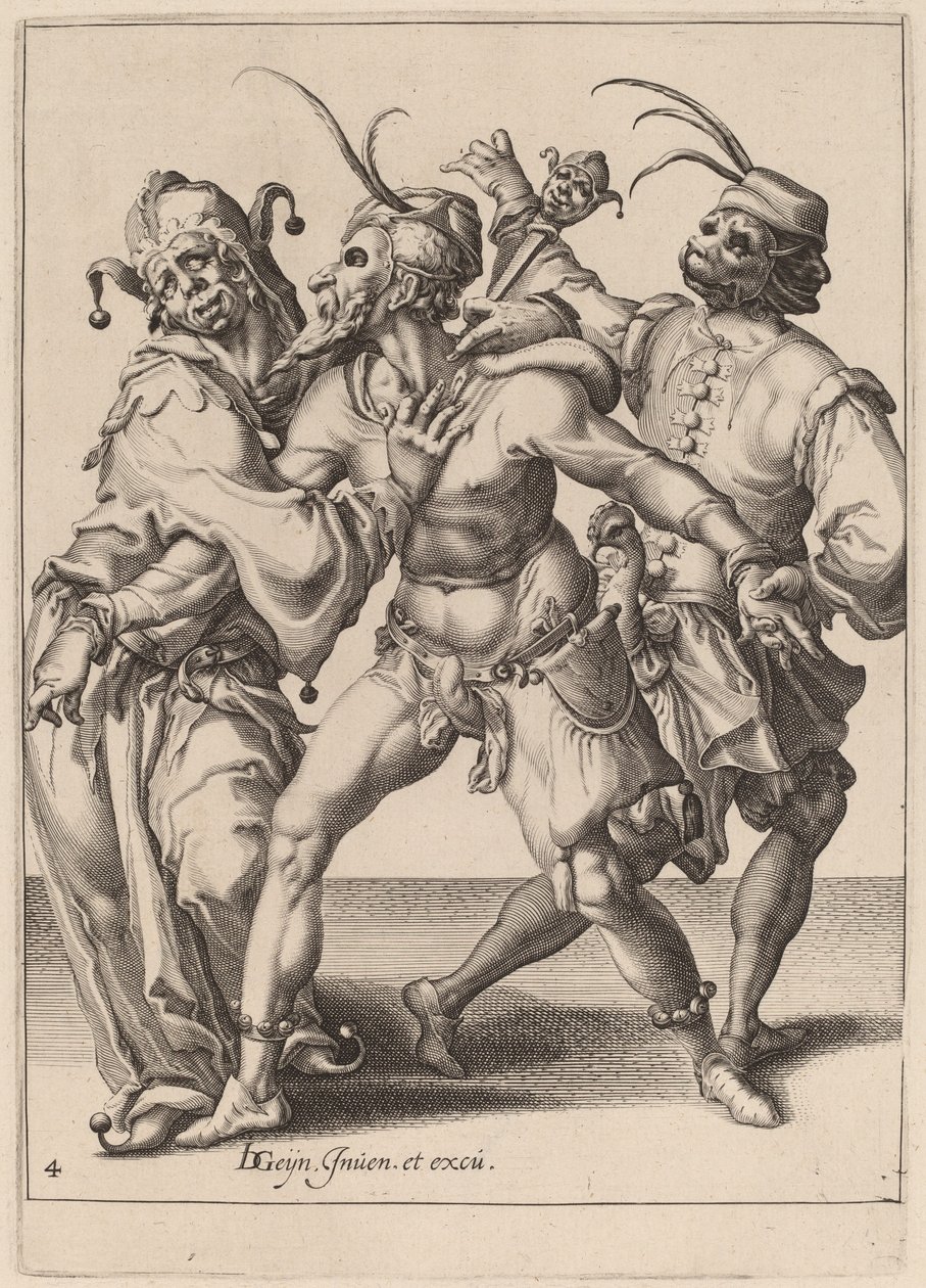 Drie dansende narren, inclusief een nar door Zacharias Dolendo after Jacques de Gheyn II