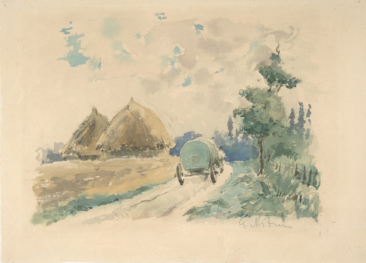 Landschap met wagen en hooibergen, ca. 1869-70 door Zacharie Astruc