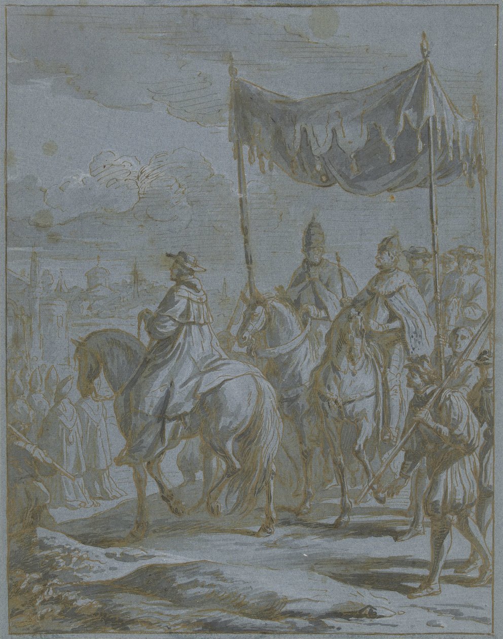 Intocht van de stoet van een keizer en paus in een stad door Zeger Jacob van Helmont