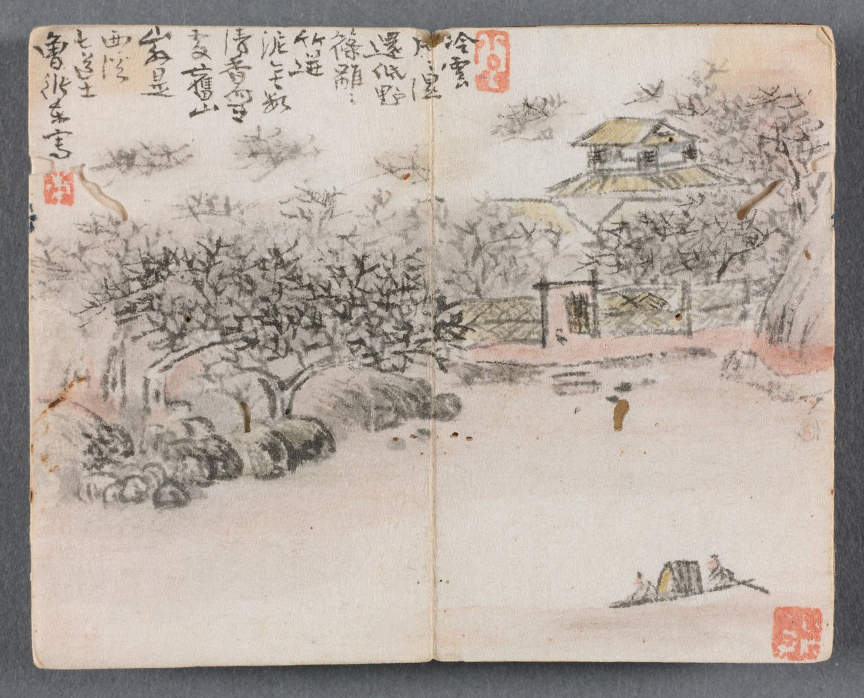 Miniatuuralbum met figuren en landschap, landschap met twee schippers, 1822 door Zeng Yangdong