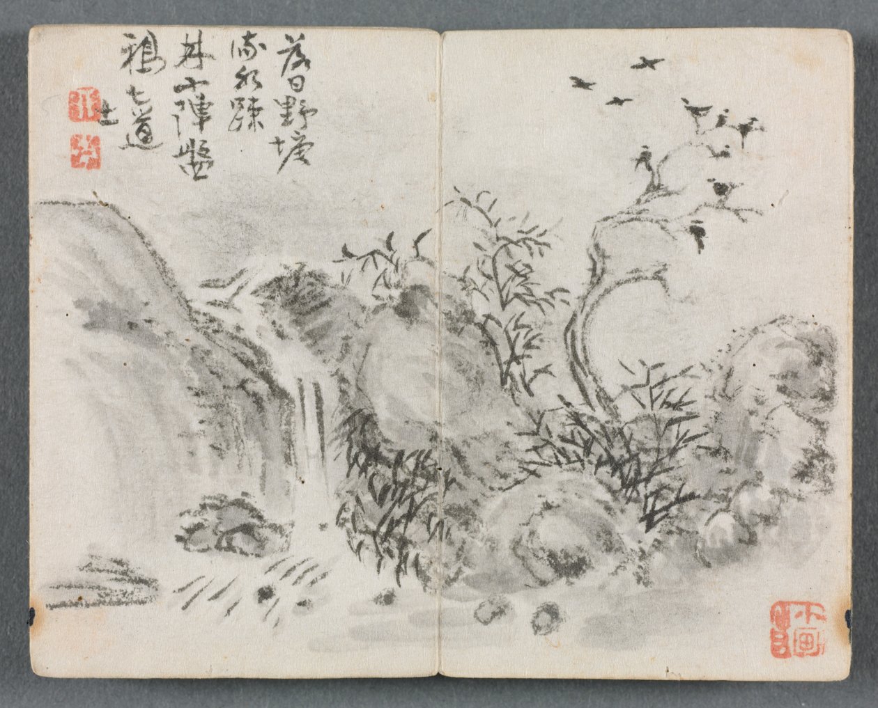 Miniatuuralbum met figuren en landschap, watervallandschap door Zeng Yangdong