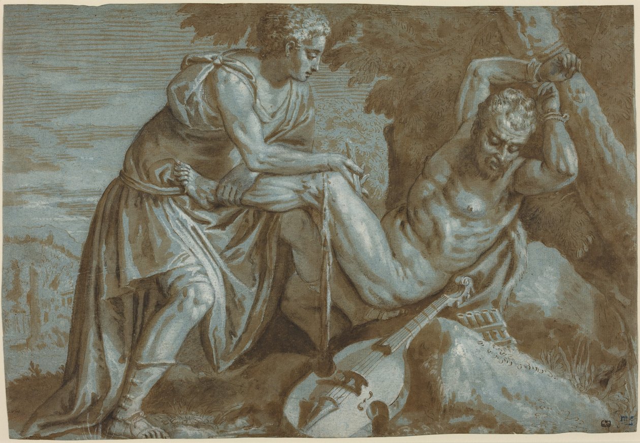 Apollo en Marsyas, ca 1600 (inkttekening) door Zenon Veronese