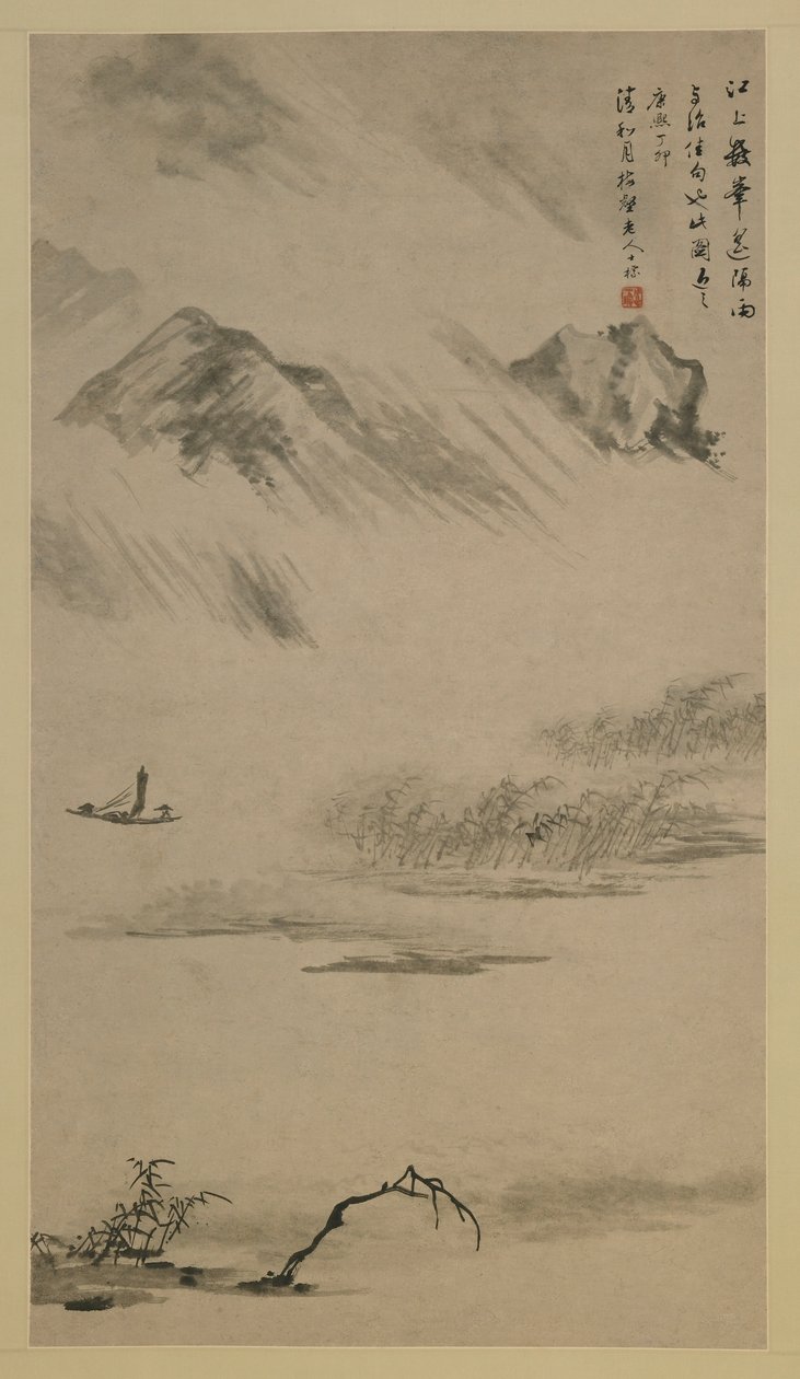 Rivierlandschap in de regen, Anhui provincie, China, Qing dynastie, 1687 door Zha Shibiao