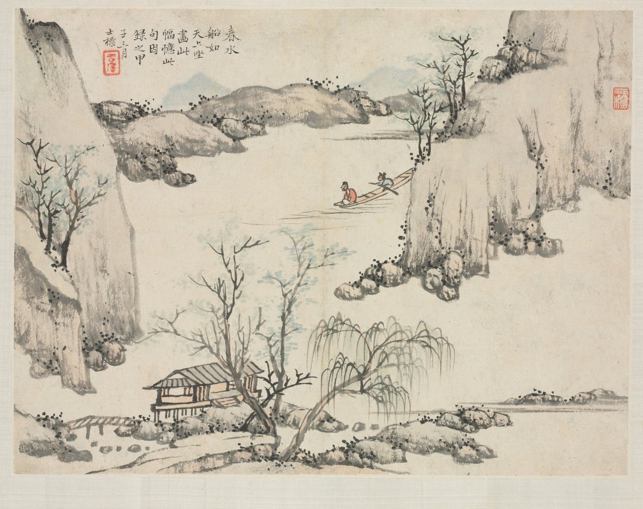Landschapsalbum in verschillende stijlen: Varen in lentewater, 1684 door Zha Shibiao