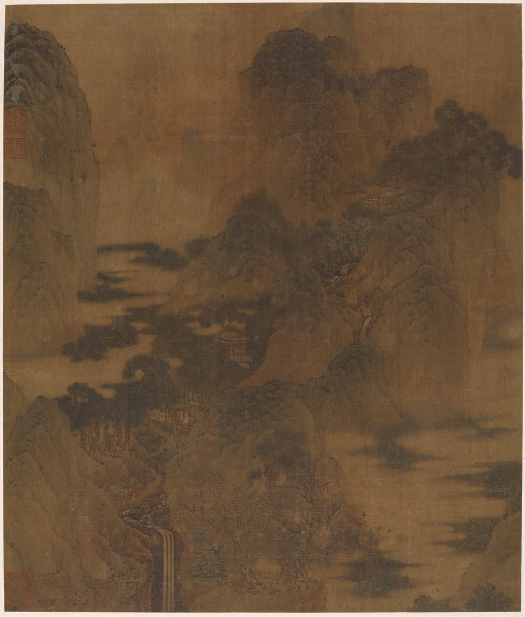 Landschap: bergkloof, mist, een beek en gebouwen, Ming-dynastie, 17e eeuw door Zhang Hong