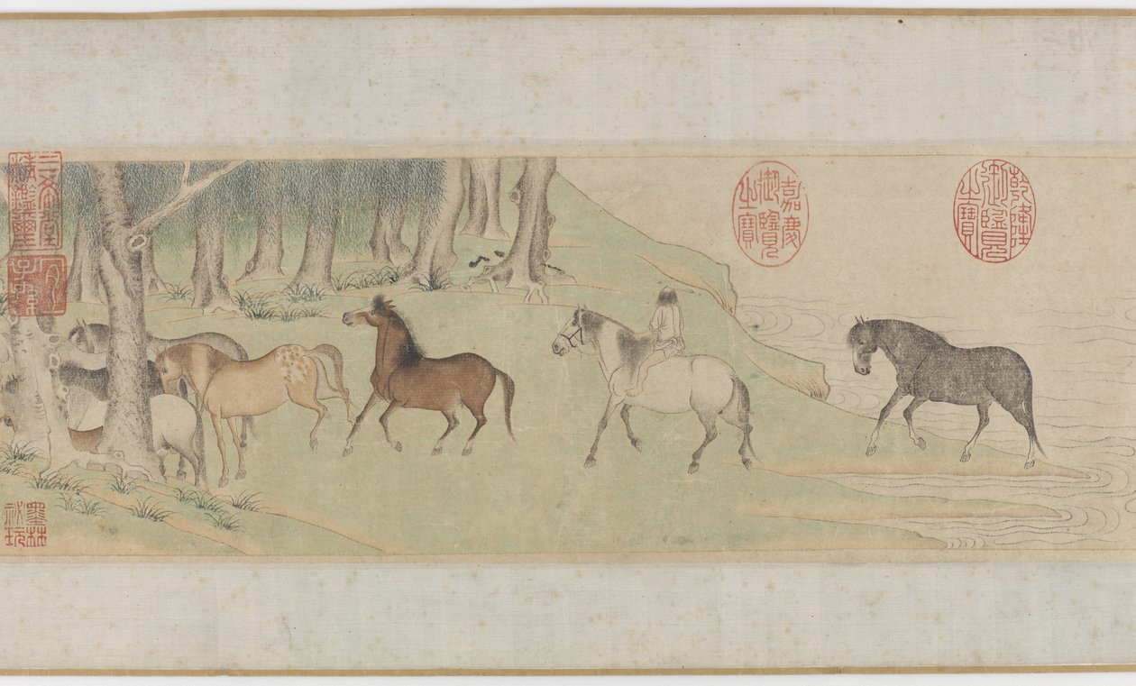 Paarden en stalknechten die een rivier oversteken, Yuan of vroege Ming-dynastie, 14e eeuw door Zhao Mengfu Chao Meng Fu or