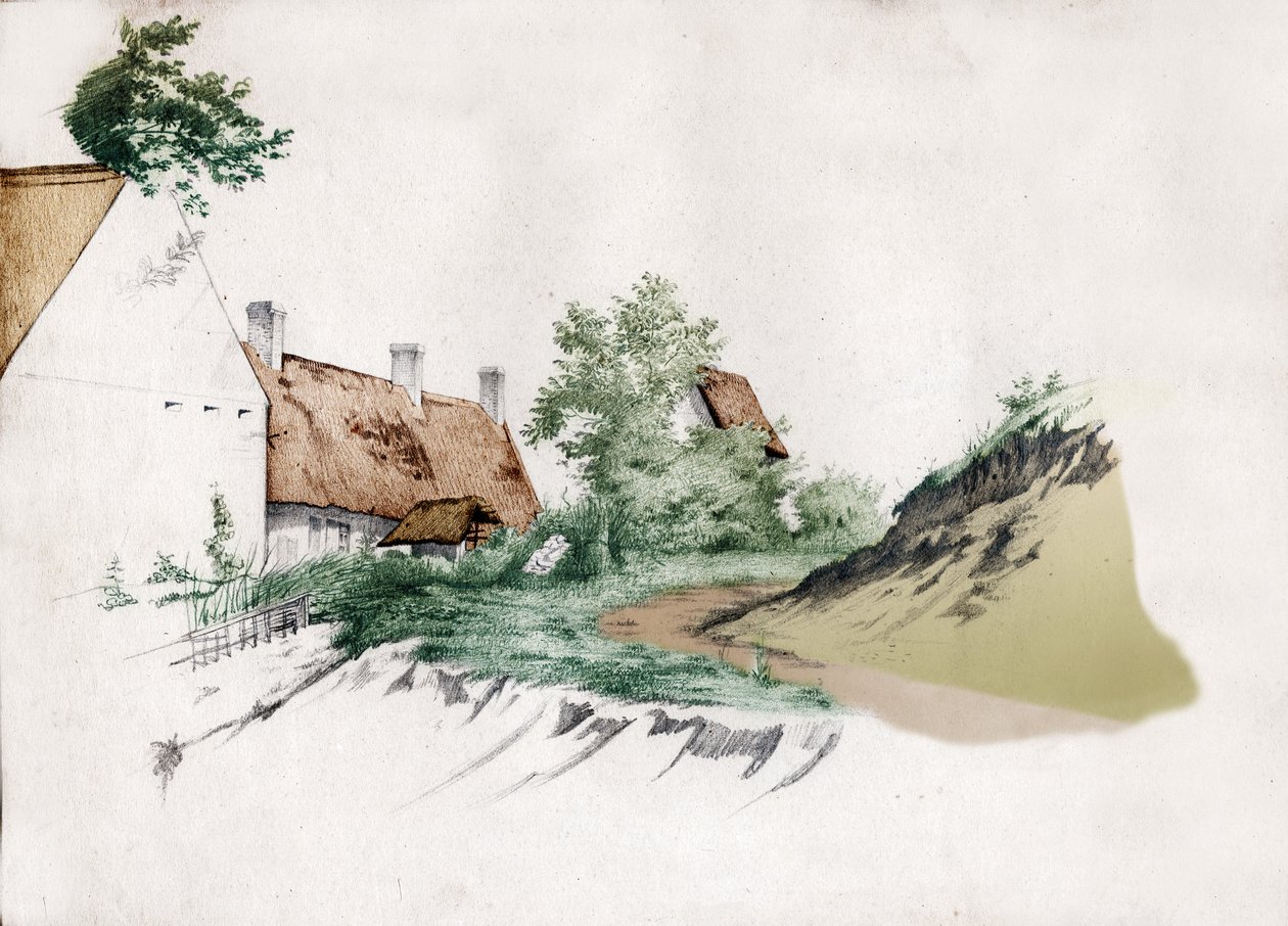 Een boerderij met rieten dak in centraal Frankrijk. ca 1850 (tekening) door . .
