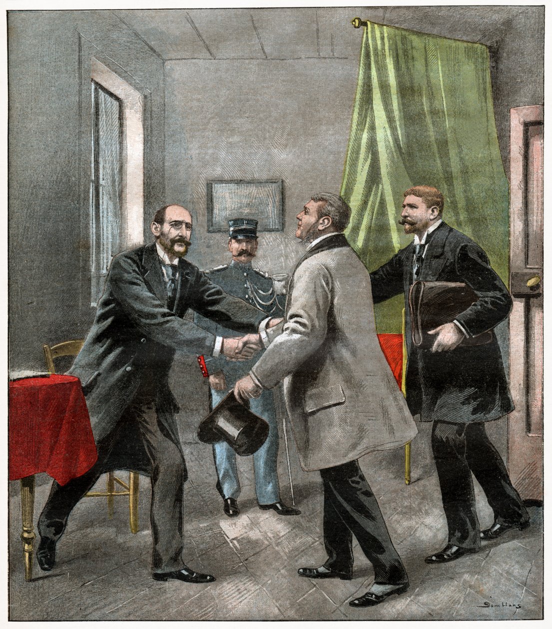 Alfred Dreyfus met zijn advocaten door . .