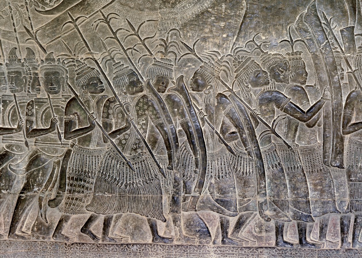 Angkor Wat, Angkor, Cambodja, begin 12e eeuw met latere toevoegingen. Dit detail van de reliëfs in de galerij toont de THAI mensen die marcheren als bondgenoten van het Khmer-leger door Hippolyte Lalaise Devéria