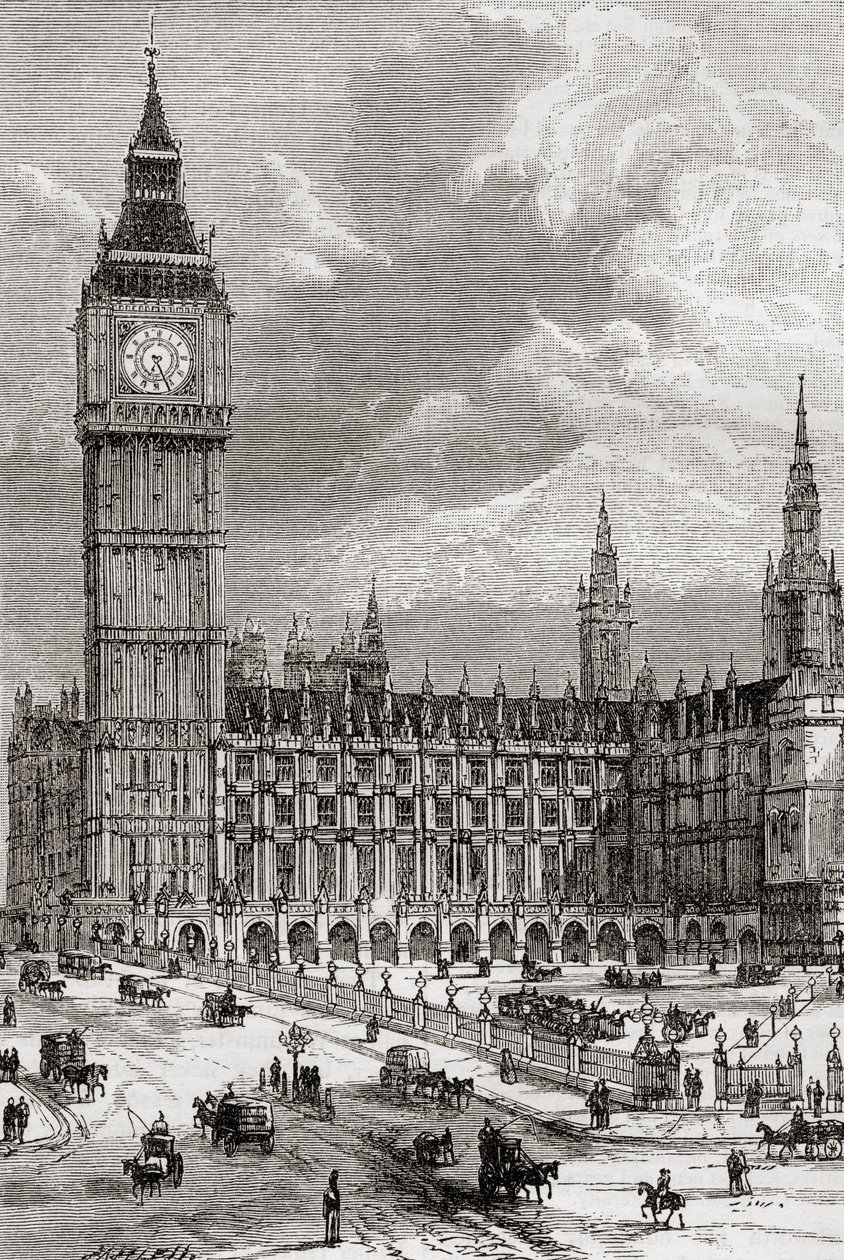 Big Ben en de Houses of Parliament, Londen, Engeland, gezien in de 19e eeuw. door . .